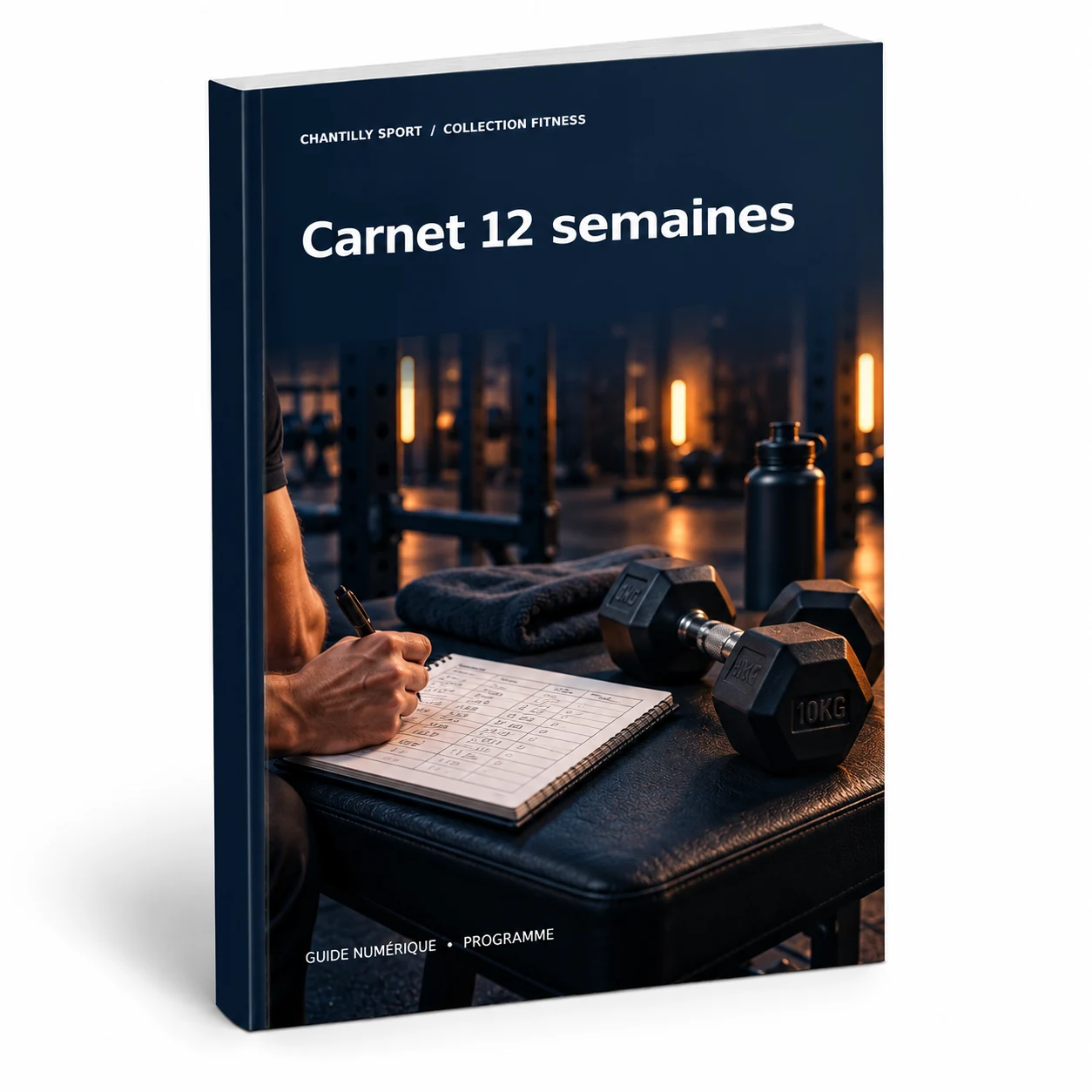 Maquette en volume de l’e-book Carnet de musculation : 12 semaines pour progresser