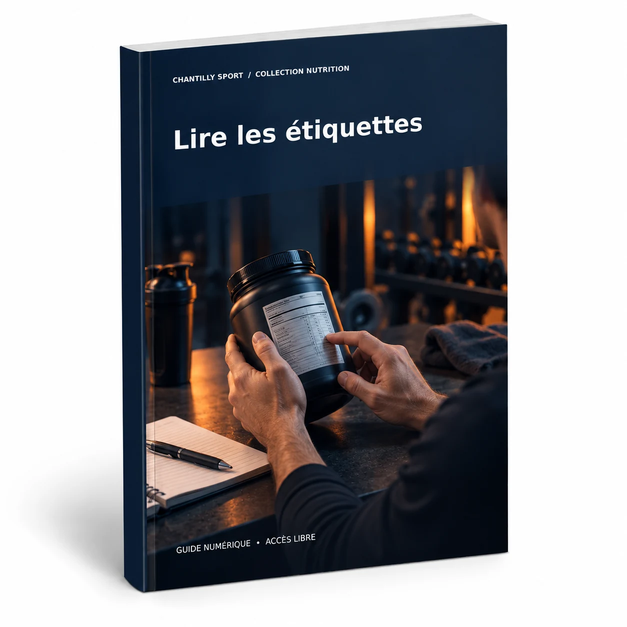 Maquette en volume de l’e-book Lire l'étiquette d'un complément sportif