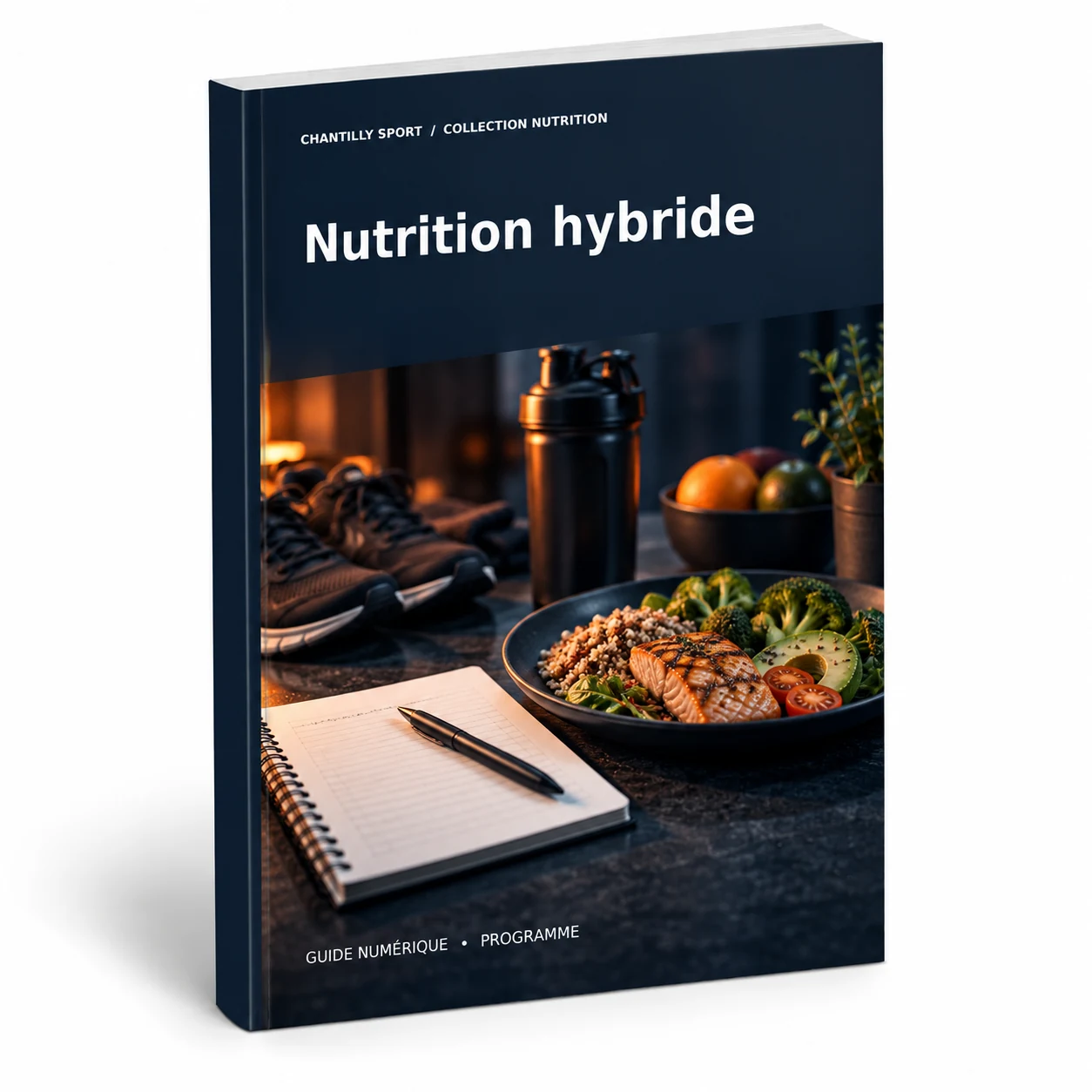 Maquette en volume de l’e-book Nutrition de l'effort hybride : 8 semaines de repères