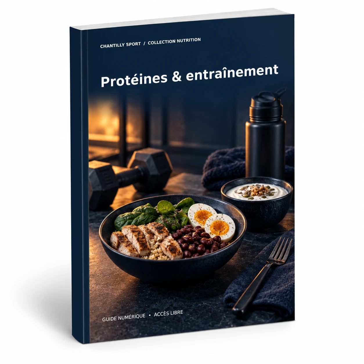 Maquette en volume de l’e-book Protéines pour l'entraînement : aliments, portions et choix