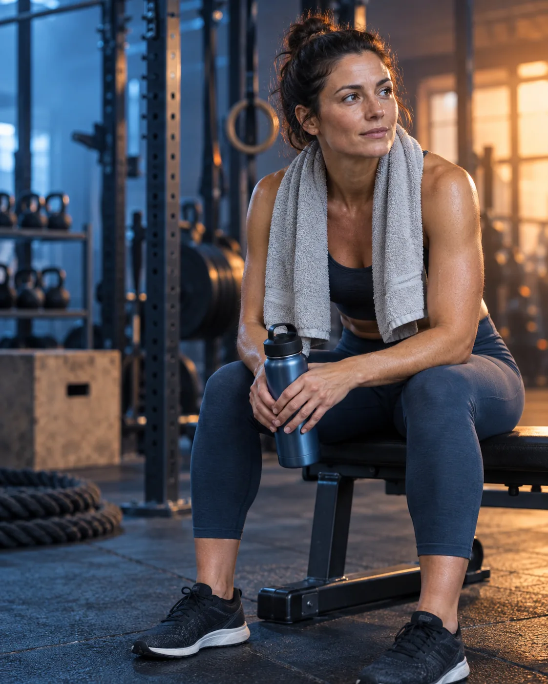 Sportive en pause après une séance de préparation physique